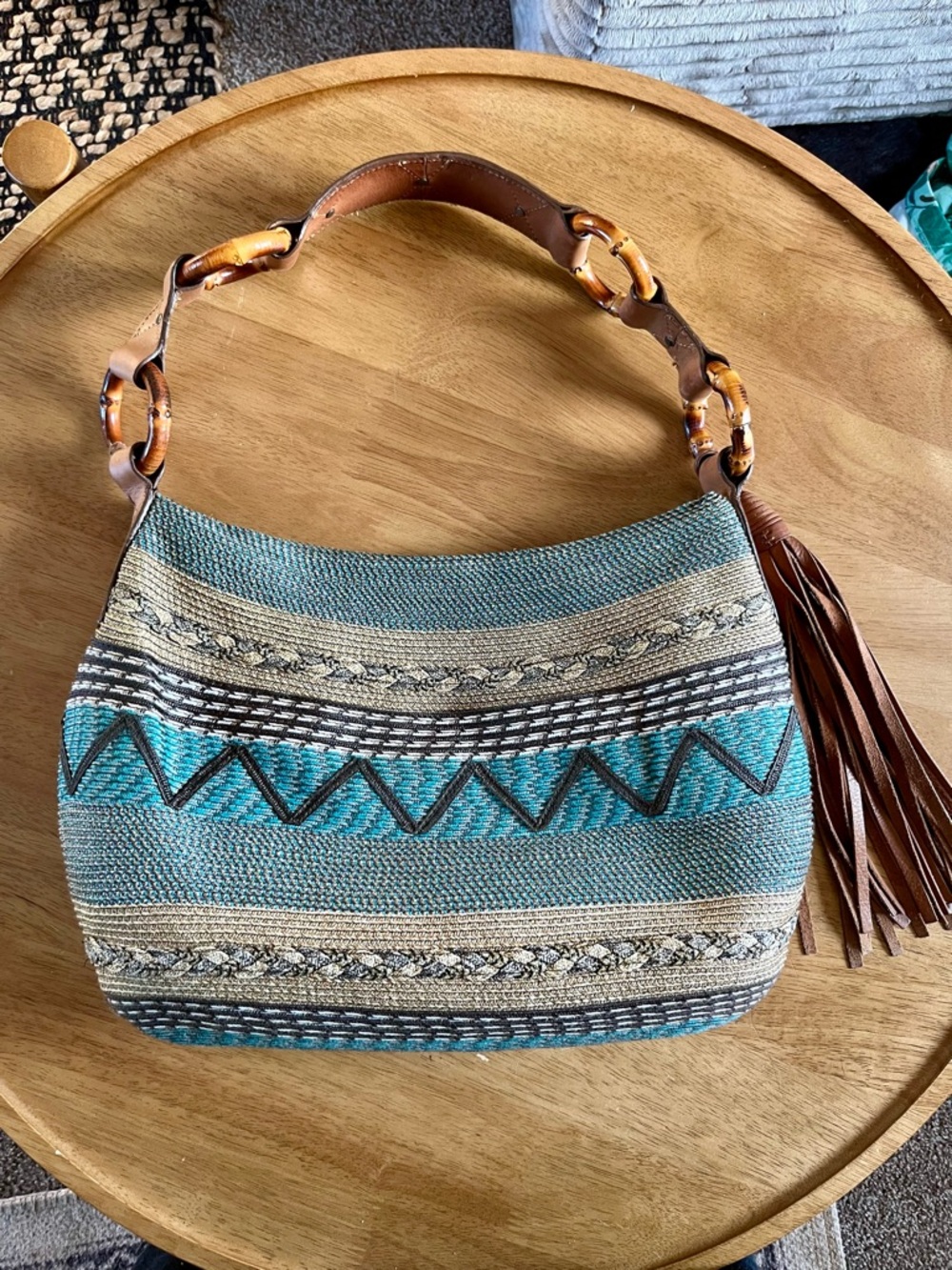 Eric Javits Woven Shoulder Bag Bamboo Handle Tassel Boho Tribal Teal Brown